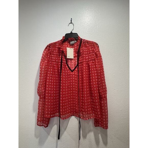 ASOS Check Print Blouse Women’s Size 6 Pink Red Black Trim Sheer - Picture 2 of 8